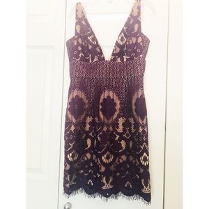 GB Purple Embroidered & Lace SL Dress with Low Cut Vneckline